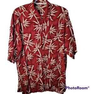 Hollis River Hawaiian Red Button Up Rayon Shirt‎ Size XL Palm Trees Tropical